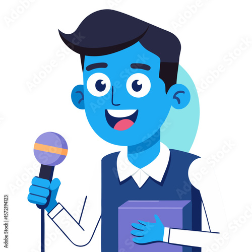 Cartoon Man with Microphone – Bright Flat Illustration of Smiling Broadcaster in Studio

