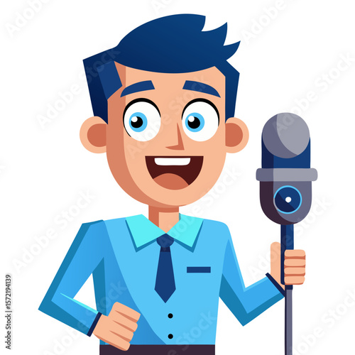 Cartoon Man with Microphone – Bright Flat Illustration of Smiling Broadcaster in Studio

