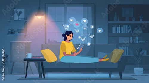 A cozy home interior scene with a woman relaxing on a couch browsing a digital tablet with floating
