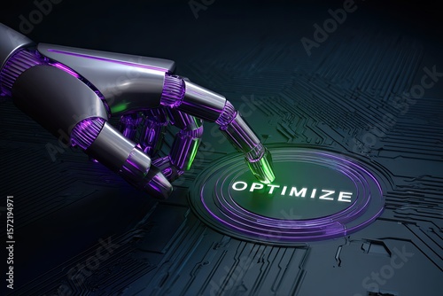 A high-tech robotic hand glowing in neon purple and green reaching a 