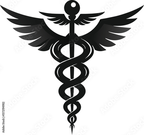 Modern stylized black caduceus symbol with wings and snakes isolated on transparent background silhouette