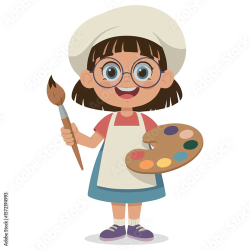 Illustration of cute girl artist painting with brush and palette for creative art design vector image