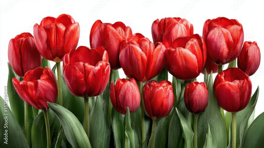 Fototapeta premium A striking arrangement of bright red tulips showcases their delicate petals and lush green leaves, perfect for uplifting spring decorations and floral arrangements.