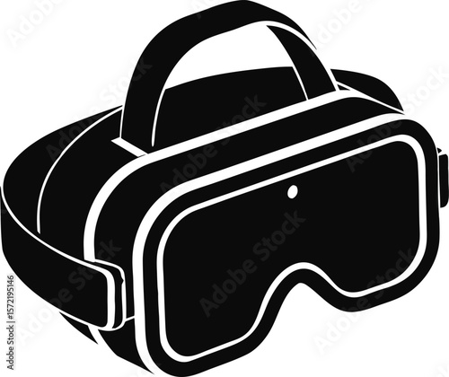 Stylized black silhouette of a virtual reality headset with white accents isolated on transparent background