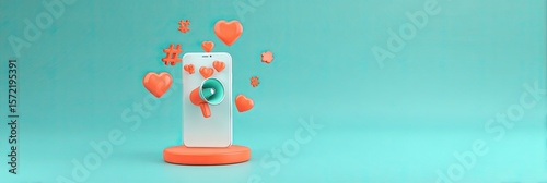 A minimalistic 3D render of a phone standing upright with a megaphone-like projection device sending out social signals