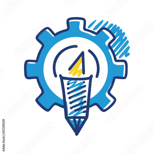 A blue construction helmet sits atop a white gear, isolated on white background