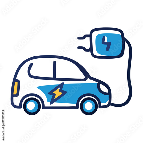 A blue electric car is charging at a station, isolated on white background