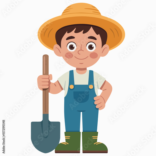 Illustration of a young farmer boy with shovel in overalls and straw hat ready for gardening work outdoors