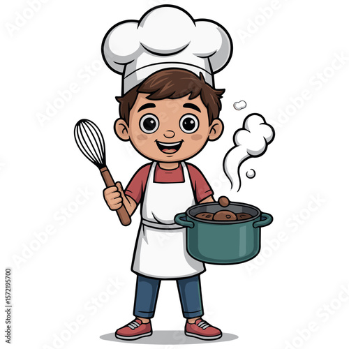 Illustration of cute cartoon chef cooking food in pot with whisk and hat for kids recipe book design