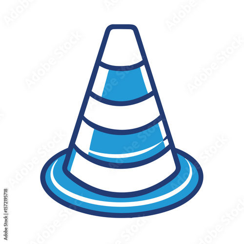 A blue traffic cone warns of hazards, isolated on white background
