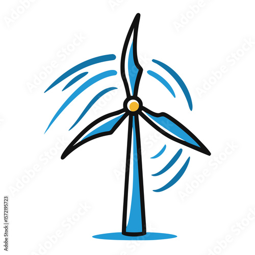 A blue and yellow windmill is spinning isolated on white background