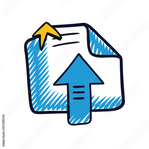 A blue cloud with a file and yellow arrow isolated on white background