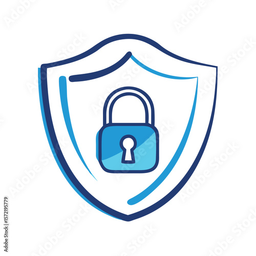 A blue shield with a lock is shown isolated on white background