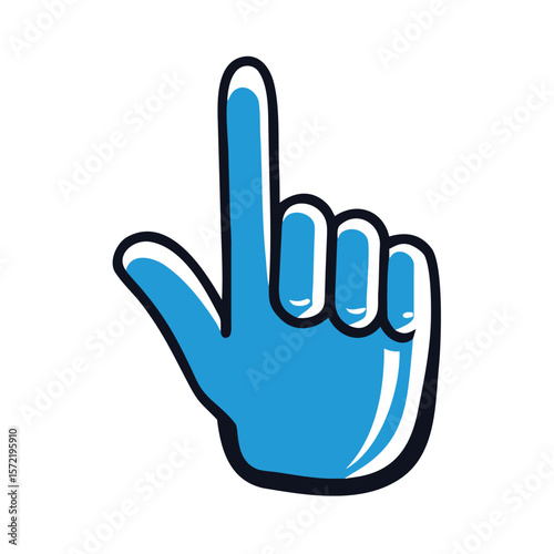 A blue hand is pointing up with its index finger