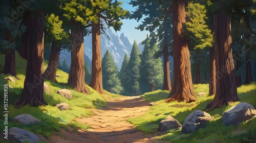 Serene Forest Path Majestic Trees and Mountain View Tranquil Nature Trail Scene