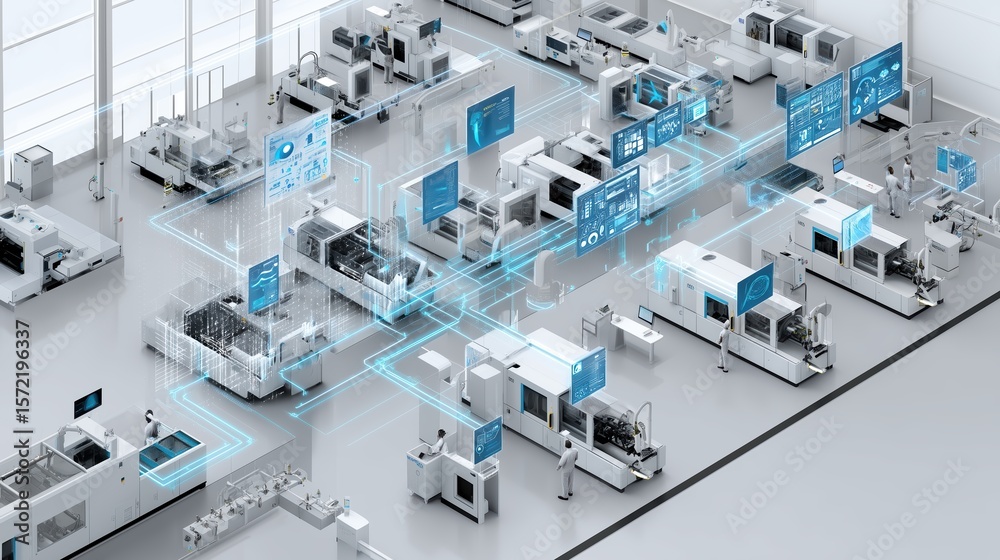 Obraz premium Futuristic Smart Factory with Automated Industrial Machines and Digital Interfaces