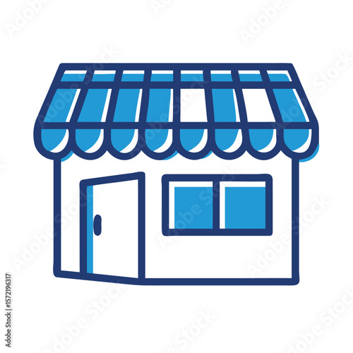 A small store with blue awning stands ready for business
