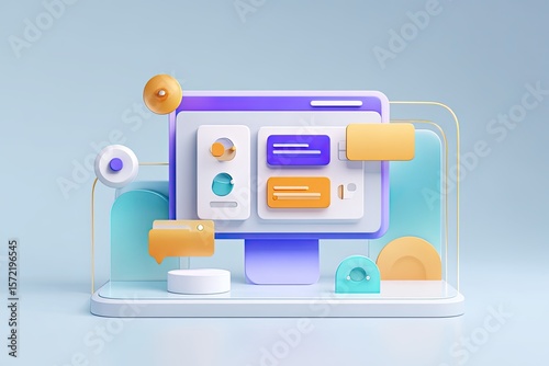 A vibrant tech-centric workspace with a digital commerce dashboard as the focal point surrounded by minimalist icons symbolizing