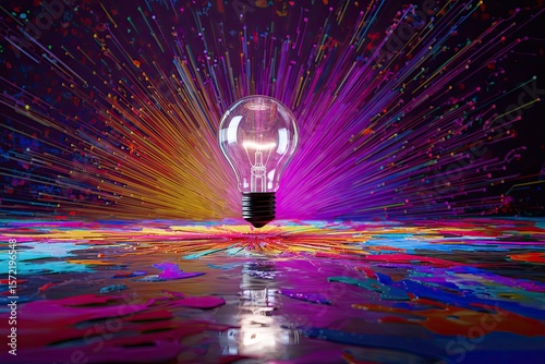 A visionary concept a levitating light bulb above a reflective surface surrounded by vibrant bursts of paint strokes