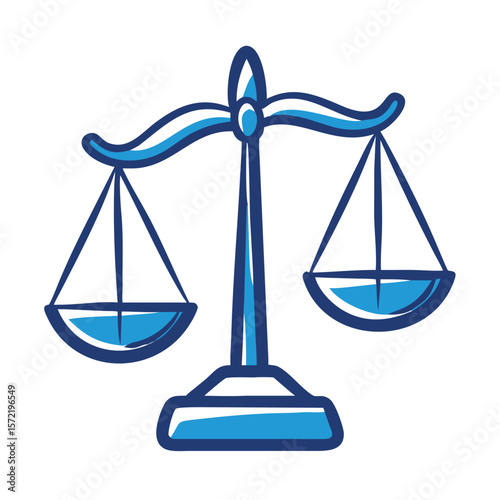 A blue scale of justice is isolated on a white background