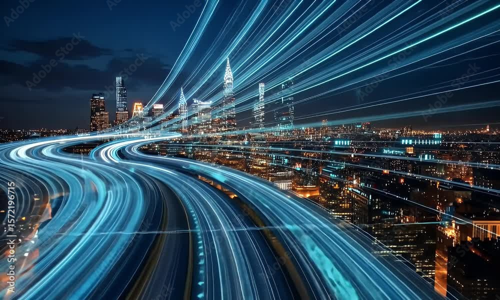 A highway of light blue and teal data streams winds in the shape of a long, winding road, leading to a city skyline at night with buildings lit up.