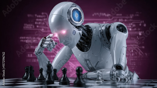 AI decision maker, Robot playing chess futuristic design artificial intelligence strategic thinking technology digital background intense focus game