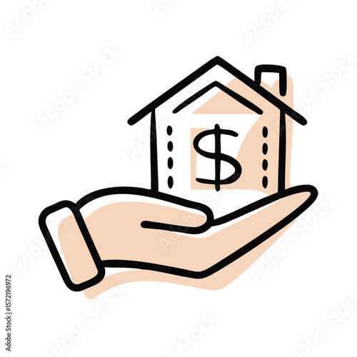 A hand holding a house with a dollar sign represents real estate