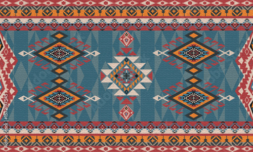 traditional turkish carpet Tribal-inspired seamless pattern featuring geometric motifs in bule tones
