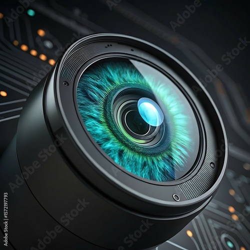Futuristic Surveillance Camera Lens with a Teal Eye Iris