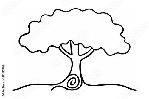 Stylized tree with swirling roots black and white outline