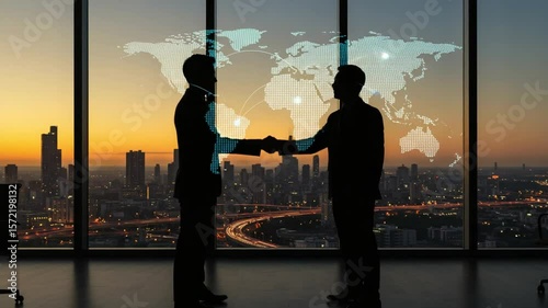 Businessmen shaking hands at sunset with cityscape view