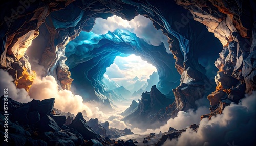 Mountain Cave Opening Reveals Distant Mountain Landscape with Cloudscape