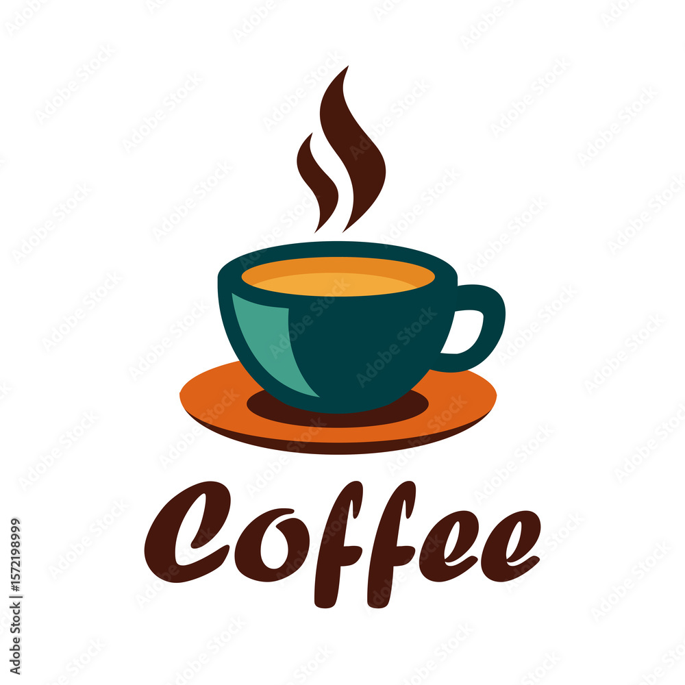 Obraz premium Flat-style PNG illustration of a steaming cup of coffee on a saucer, featuring bold 