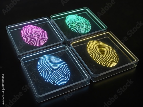Four Illuminated Glass Squares Displaying Neon Fingerprints