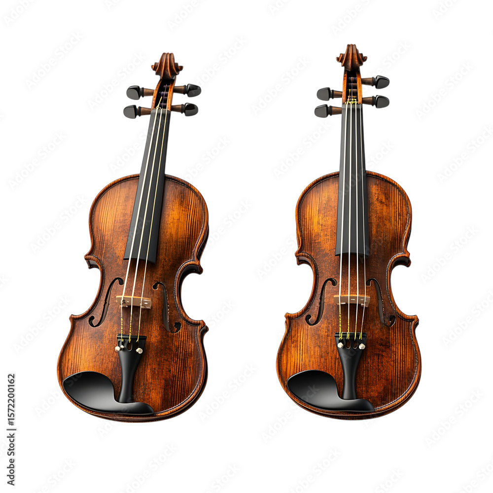 Fototapeta premium Two antique wooden violins with rich brown finish isolated on transparent background