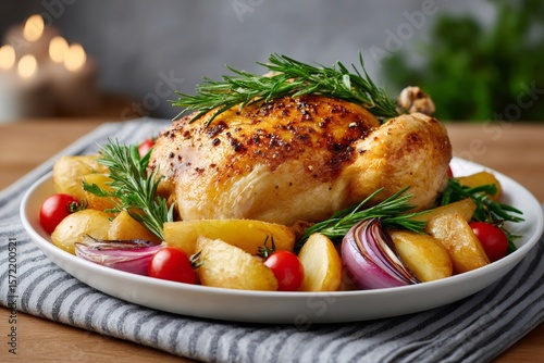 Roasted chicken with potatoes, tomatoes, onions and rosemary resting on a white plate