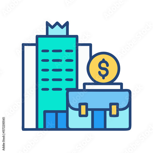 City building icon with briefcase and dollar coin