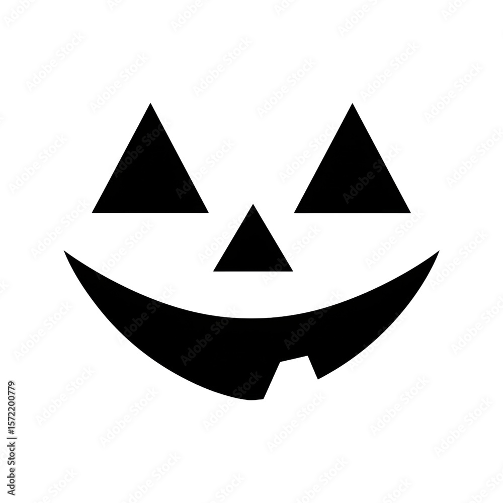 Fototapeta premium black jack-o'-lantern face with triangle eyes and a happy smile, floating facial features only, no pumpkin, centered on white background