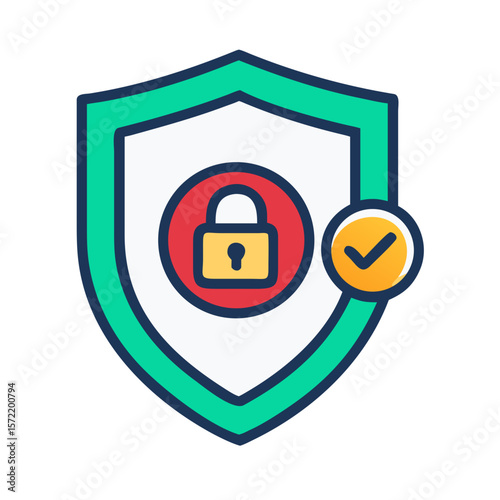 Shield teal locked padlock and checkmark for security and verification. Suitable for cybersecurity concepts, secure websites, and verified protection designs.