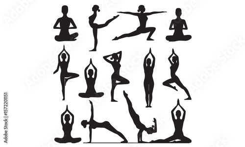 Yoga Poses Silhouette Pattern Fitness and Meditation Vector Background