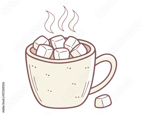 Cozy mug filled with marshmallows and steam rising, isolate, transparent background  