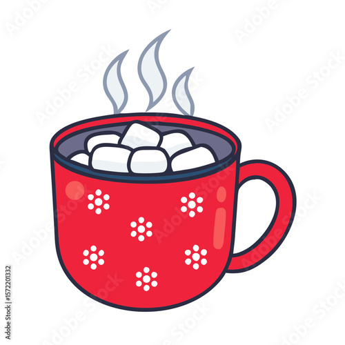 Red mug with marshmallows and steam on transparent background  