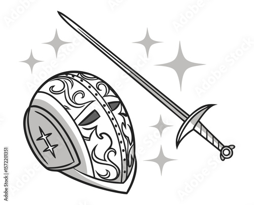 Decorative fencing mask and sword with sparkle effect  