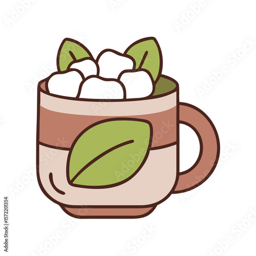 Mug filled with marshmallows and leaves on a transparent background  