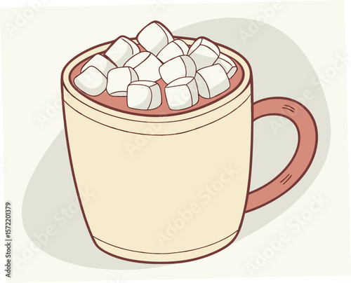 Hot chocolate mug filled with marshmallows on a light background  