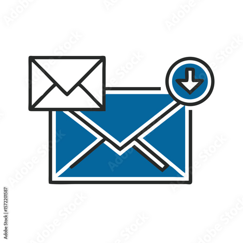 Email confirmation icon with envelope and download symbol on blue  