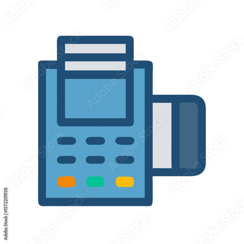 Blue POS terminal with credit card slot and receipt