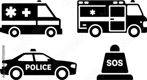 Emergency services vehicles icons vector illustration ambulance police car and sos signal design set vector