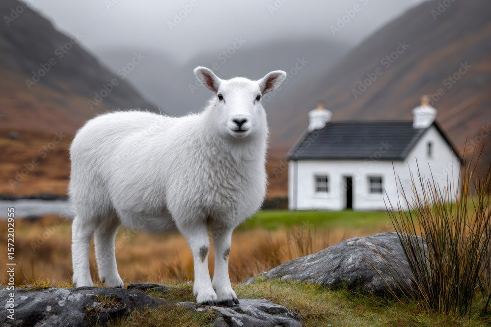Obraz premium White sheep standing on a rock in the Scottish Highlands near a small white house