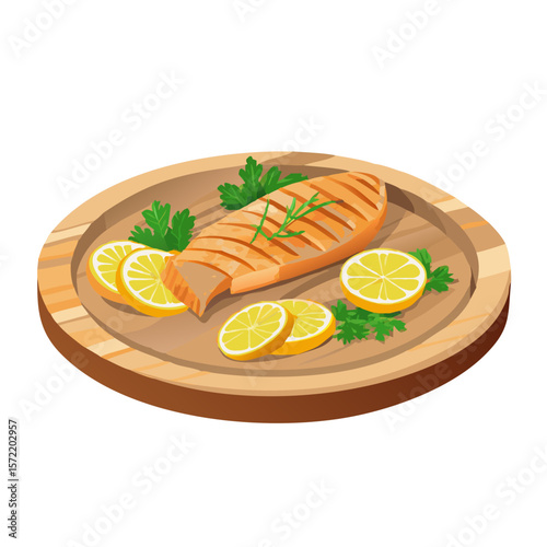 Grilled Salmon Fillet with Lemon on a Wooden Plate